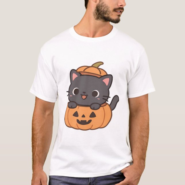 Camiseta Preta Divertida de Gato Saindo da Abóbora (Frente)