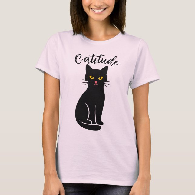 Camiseta Preta Engraçada de Gato “Catitude” – Fofa (Frente)