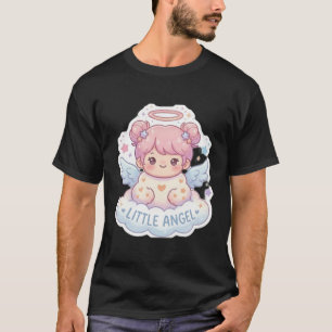 Camiseta Preta Estética Chibi Anjinho Kawaii