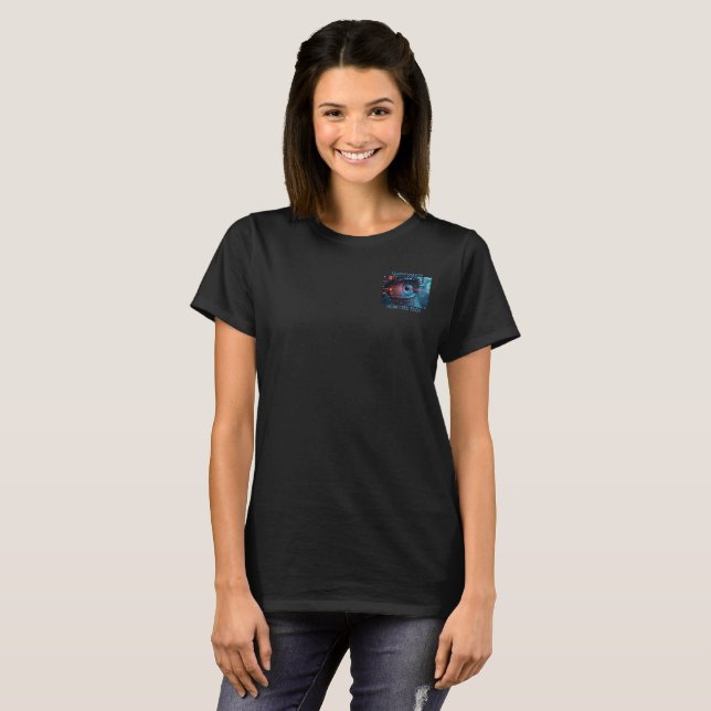 Camiseta preta feminina bolso tech Quantum Eye (Frente Completa)