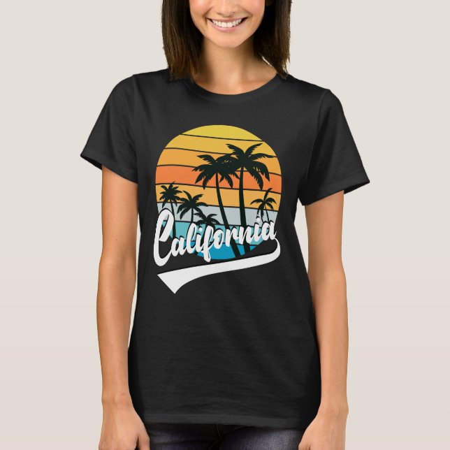 Camiseta preta feminina California Retro Sunset (Frente)