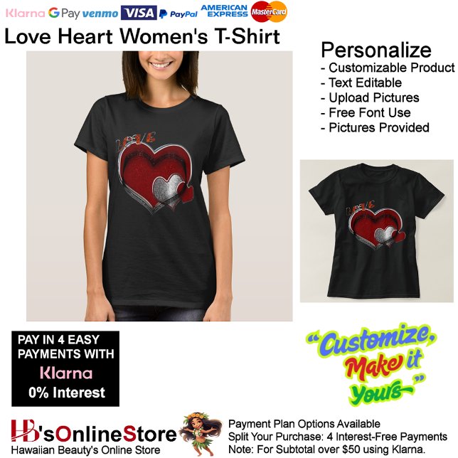 Camiseta Preta Feminina Coração (Love Heart Women's T-Shirt with Black Background.)