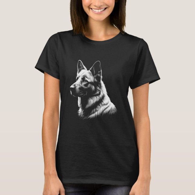 Camiseta Preta Feminina Pastor Alemão Branco (Frente)