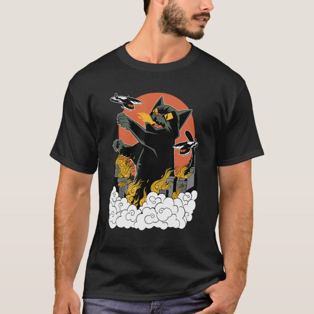 Camiseta Preta Japanese Catzilla Sunset - Corte Cl (Frente)