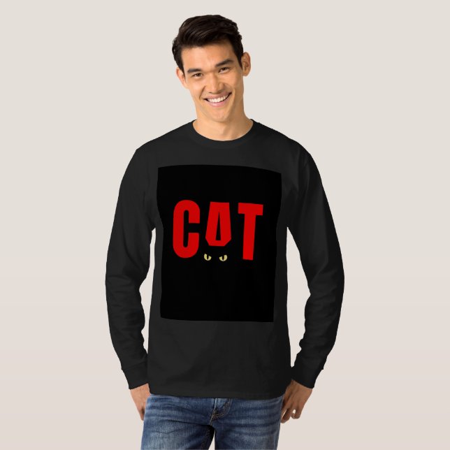 Camiseta preta manga longa com desenho de gato (Frente Completa)