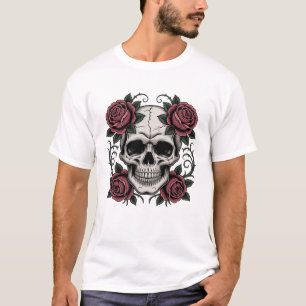 Camiseta preta masculina com caveira gótica e rosa
