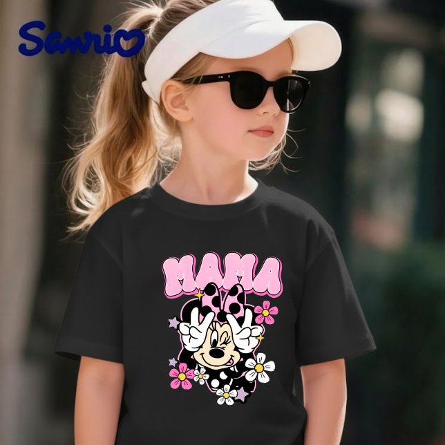 Camiseta Preta Minnie Mouse Mama Sinal de Paz Flor (Criador carregado)
