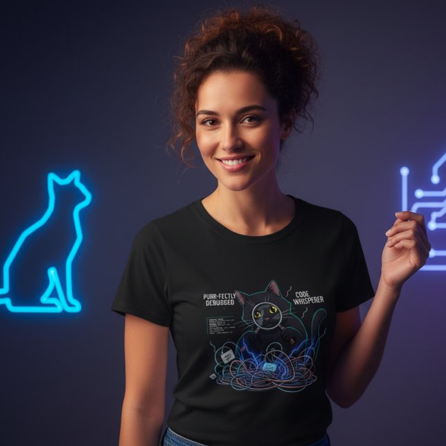 Camiseta Preta para Desenvolvedores de Código Whis (Code AND Cat Whisperer)
