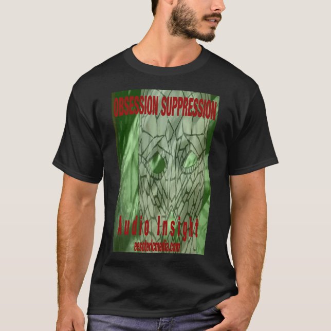 Camiseta preta "Supressão de Obsessão" masculina. (Frente)