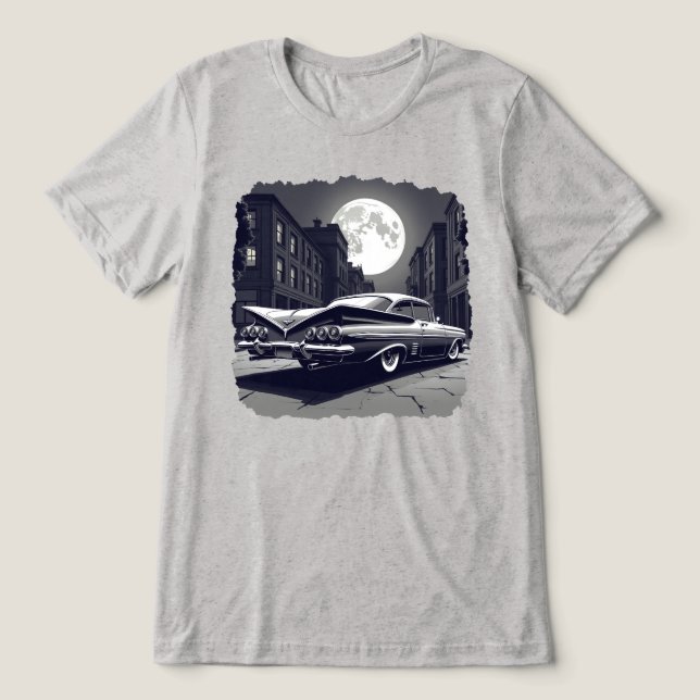 Camiseta Preto Branco Retro Lowrider Sob a Rua da Lua Cheia (Design frontal)