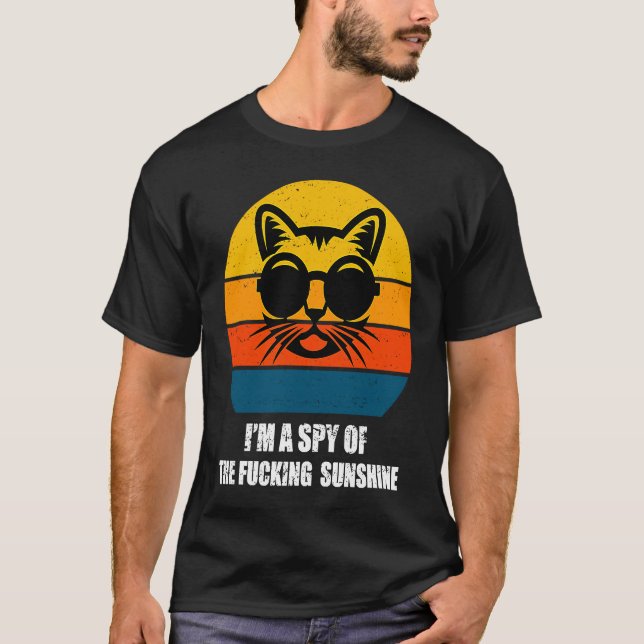 Camiseta Preto Cat Retro, sou um espião do gato ensolarado (Frente)