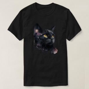 Camiseta Preto Cósmico Gato Aquarela Fresco Noite Felino