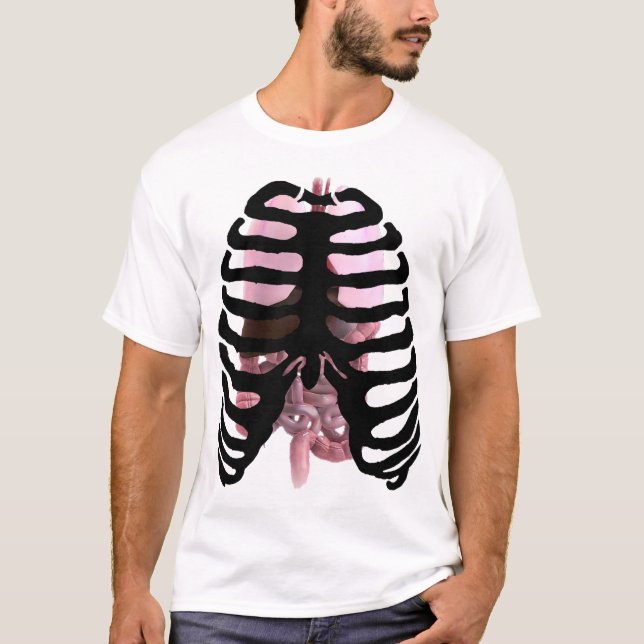 Camiseta Preto de esqueleto humano de Ribcage com órgãos (Frente)