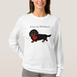 Camiseta Preto do Dachshund e coração de cabelos compridos