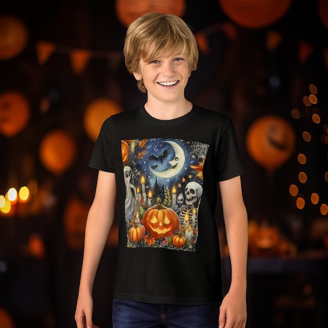 Camiseta Preto do Dia das Bruxas Spooky (Creepy Halloween artwork on black, coolest look for boys)