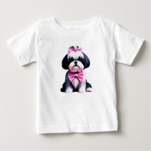 Camiseta Preto e Branco Shh Tzu Adorável com Polka Rosa