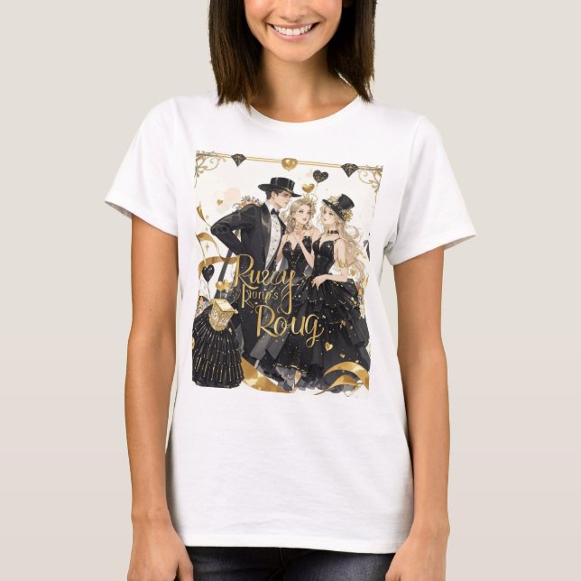 Camiseta Preto e ouro, luxo rico, estilo Moulin Rouge (Frente)