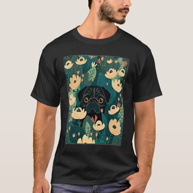 Camiseta Preto Pugs Ocultando Flores Cachorro Floral Pai Mã (Frente)