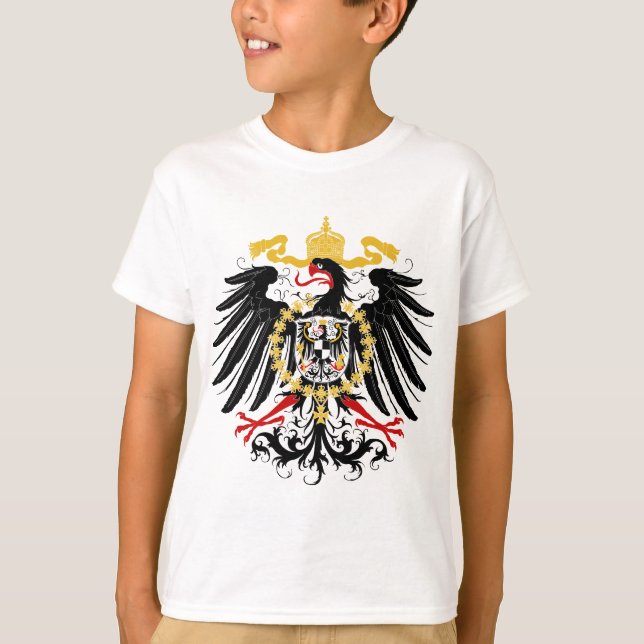 Camiseta Preto vermelho prussiano e ouro de Eagle (Frente)