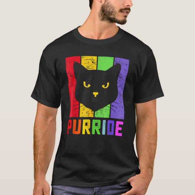 Camiseta Pride Cat Purride Gay LGBTQ Rainbow Flag Retro Sty (Frente)