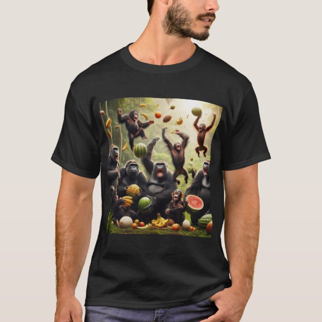 Camiseta Primatas de luta alimentar, fruta (Frente)