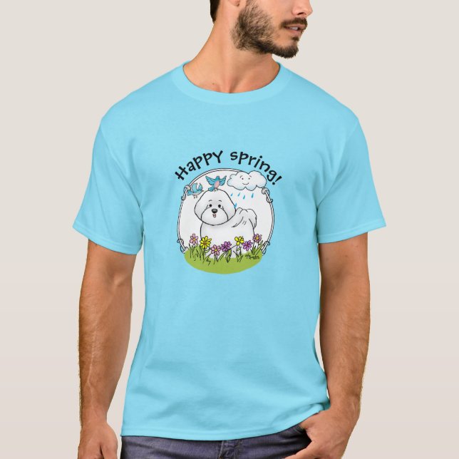Camiseta Primavera Bichon Frise Dog com Flores - Divertido (Frente)
