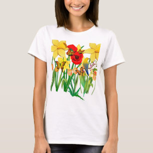 Camiseta Primavera Bloom com borboletas e passarinho