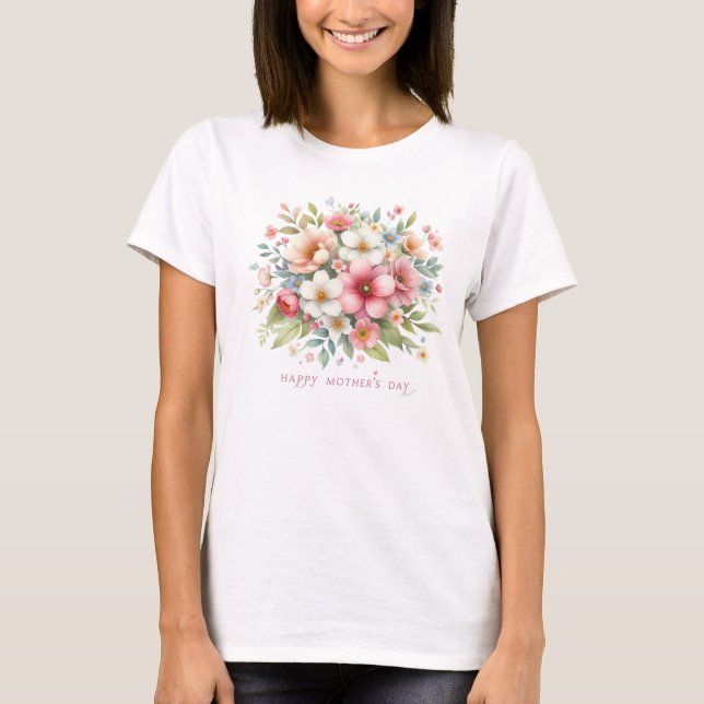 Camiseta Primavera com flores em chamas Feliz Dia de as mãe (Frente)