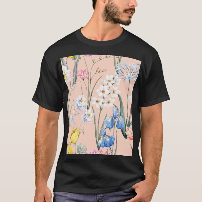Camiseta Primavera d aquarelas florals, papel de parede ret (Frente)