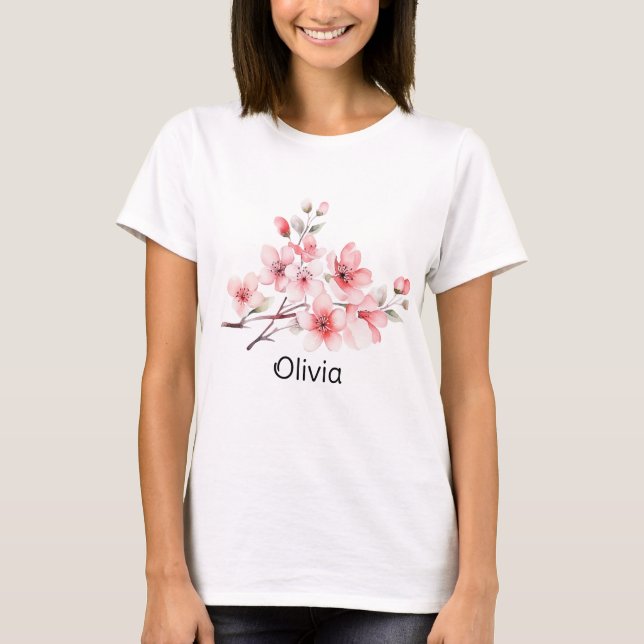 Camiseta Primavera de Sakura moderna floresce uma menina pe (Frente)