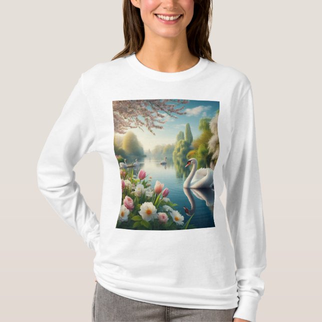 Camiseta Primavera do lago de swan floral (Frente)