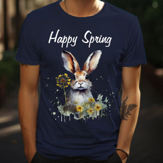 Camiseta Primavera Floral Bunny feliz com Dandelions amarel