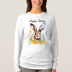 Camiseta Primavera Floral Bunny feliz com Dandelions amarel