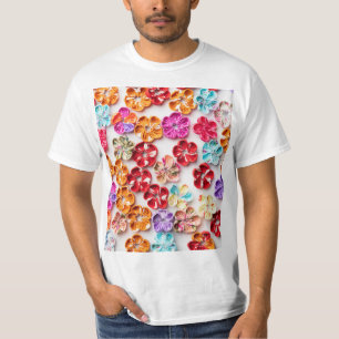 Camiseta Primavera tecido com costura manual Flores multico