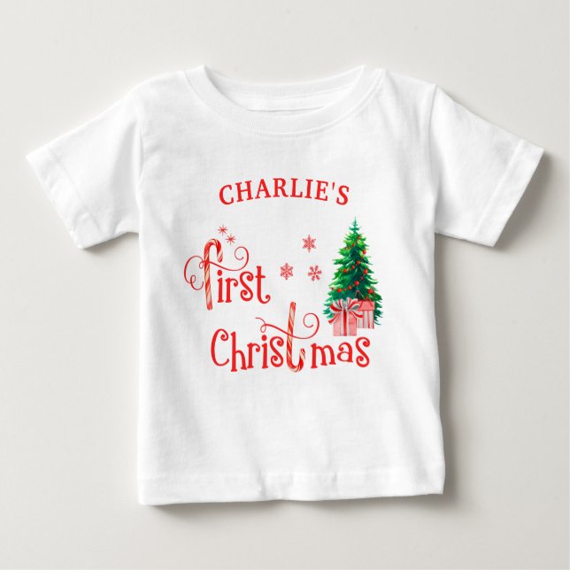 Camiseta Primeira Árvore de Natal do Bebê e Cana de Açúcar  (Frente)