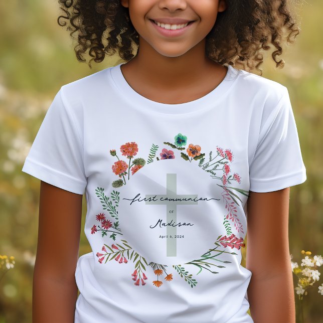 Camiseta Primeira Comunhão Colorida de Flor Silvestre (Colorful Wildflower First Holy Communion T-Shirt)