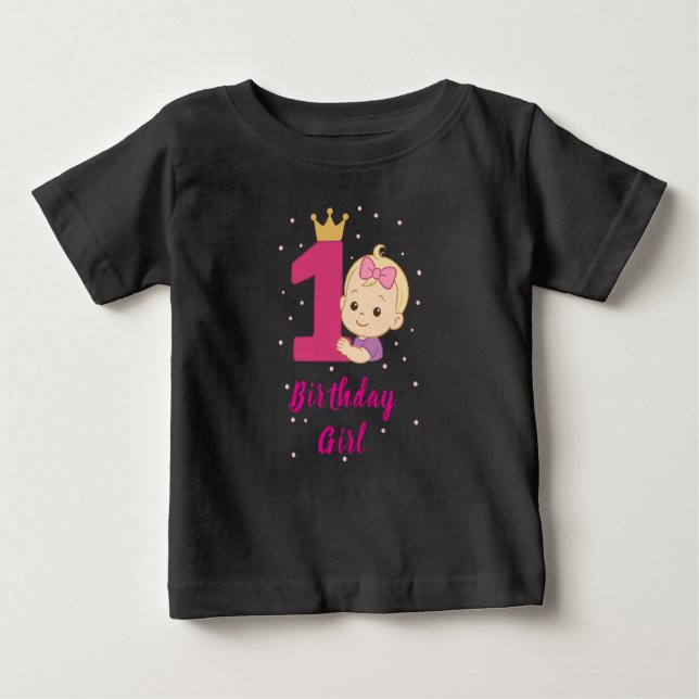 Camiseta Primeira Garota de Aniversário com Coroa e Rosa Nú (Frente)