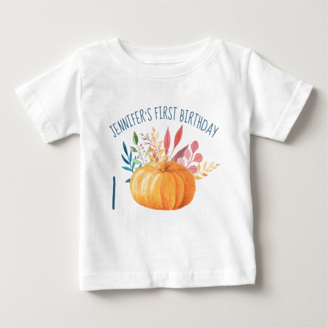 Camiseta Primeira Ilustração de Abóbora Laranja de Aniversá (Frente)