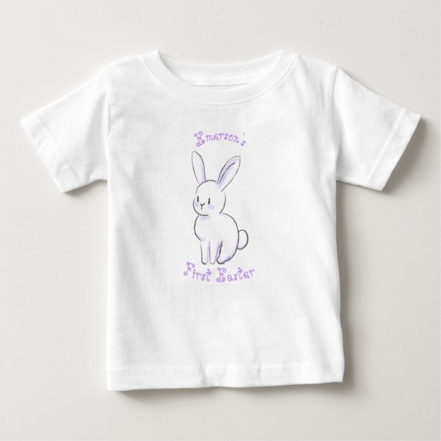 Camiseta Primeira Páscoa do bebê com coelhinho bonito e rox (Frente)