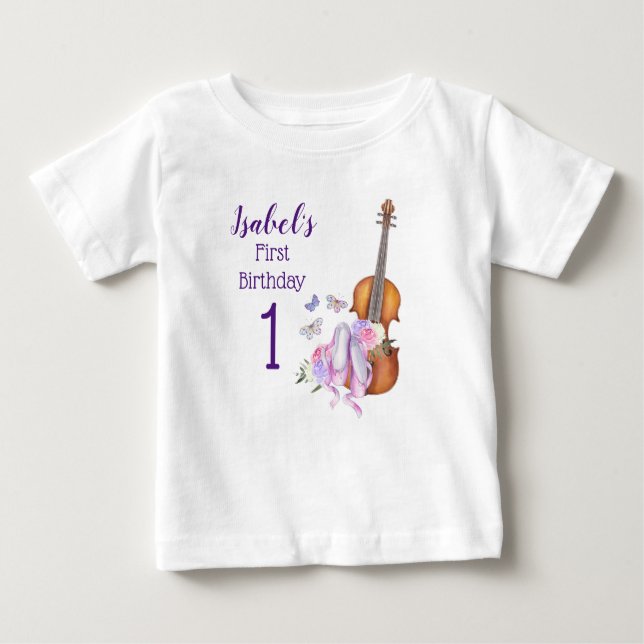 Camiseta Primeiro Aniversário - Balé Violino e Borboletas (Frente)