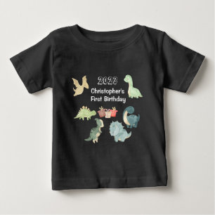 Camiseta Primeiro Aniversário Bebê Aquarela Dinossauro Cint
