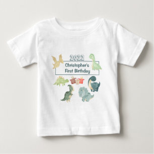 Camiseta Primeiro Aniversário Bebê Cute Dinossauro Aquarela