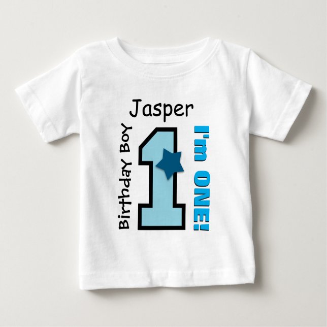 Camiseta primeiro aniversario Boy BLUE One Year Custom Name (Frente)