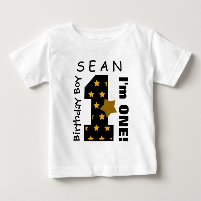 Camiseta primeiro aniversario Boy Stars Um Ano Nome Persona (Frente)