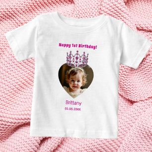 Camiseta primeiro aniversario com foto com idade rosa tiara