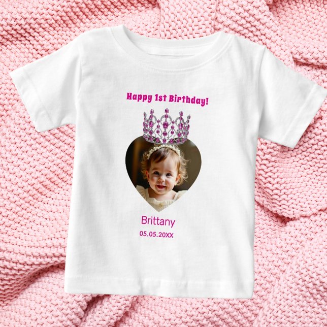 Camiseta primeiro aniversario com foto com idade rosa tiara (Criador carregado)