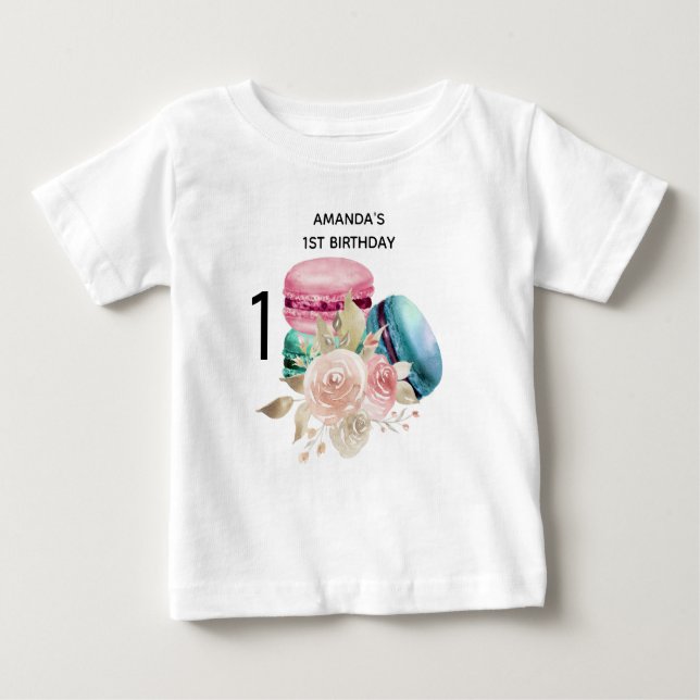 Camiseta primeiro aniversario com Macarões e Flores Aquarel (Frente)