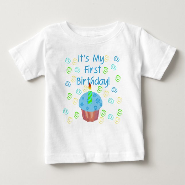Camiseta Primeiro aniversario Cupcake azul (Frente)