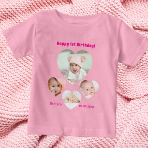 Camiseta primeiro aniversario data foto colagem bebê menina