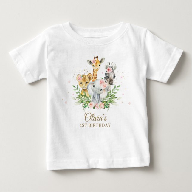 Camiseta Primeiro aniversario de Garota Floral Rosa Selva (Frente)